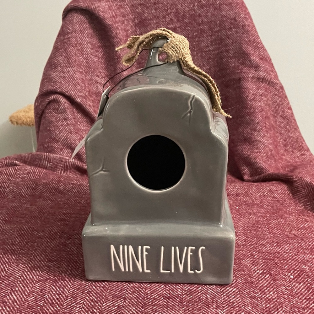 Rae Dunn “Nine Lives” grey, iridescent tombstone decorative birdhouse.